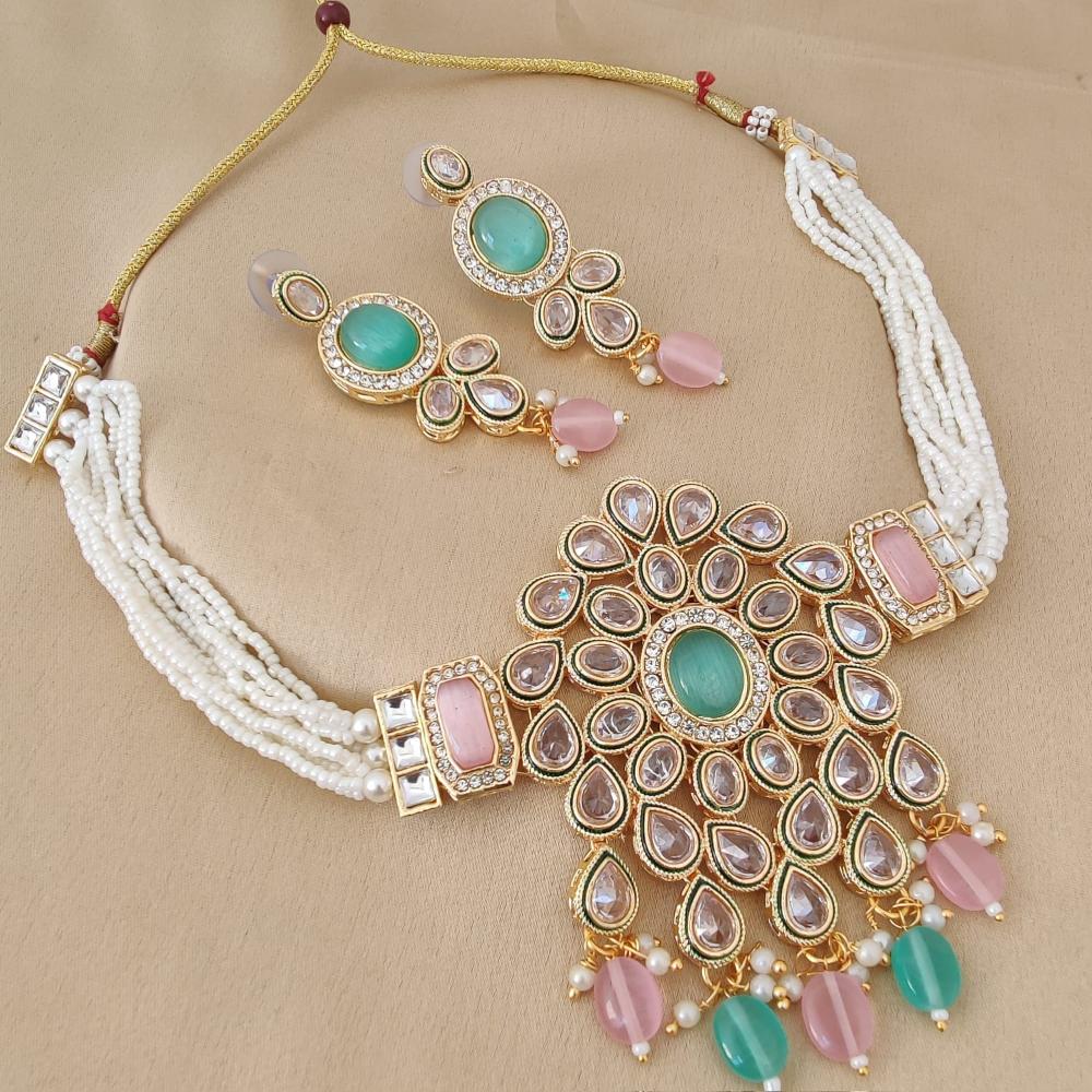 FS Collection Gold Plated Crystal Stone And Beads Choker Necklace Set
