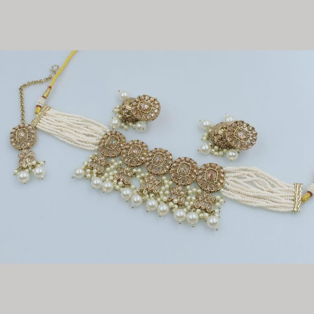 FS Collection Gold Plated Crystal Stone And Beads Choker Necklace Set