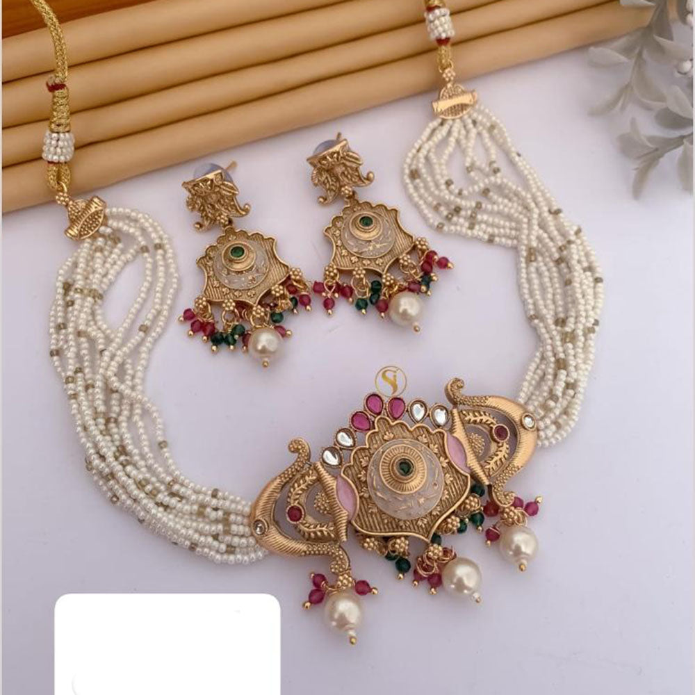 FS Collection Gold Plated Pota Stone And Pearls Choker Meenakari Necklace Set