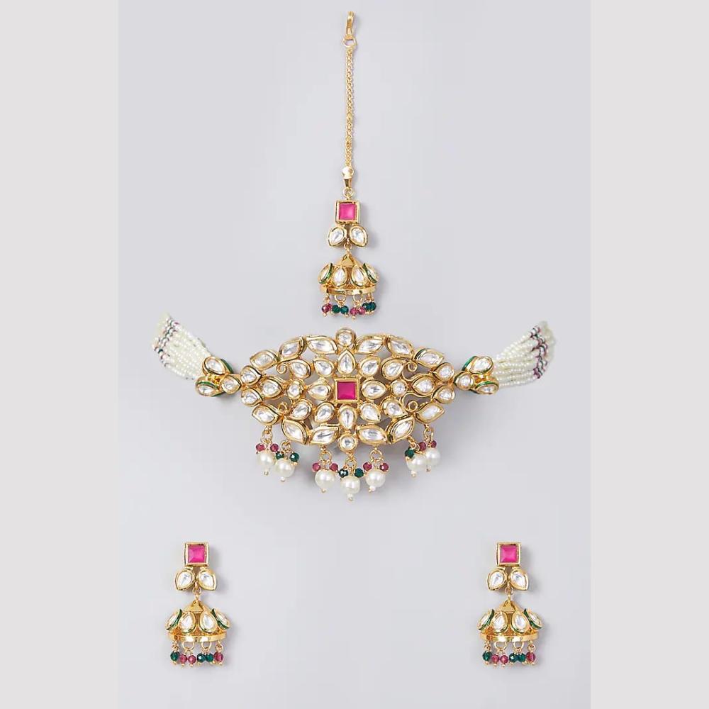 FS Collection Gold Plated Kundan Stone And Pearls Choker Necklace Set