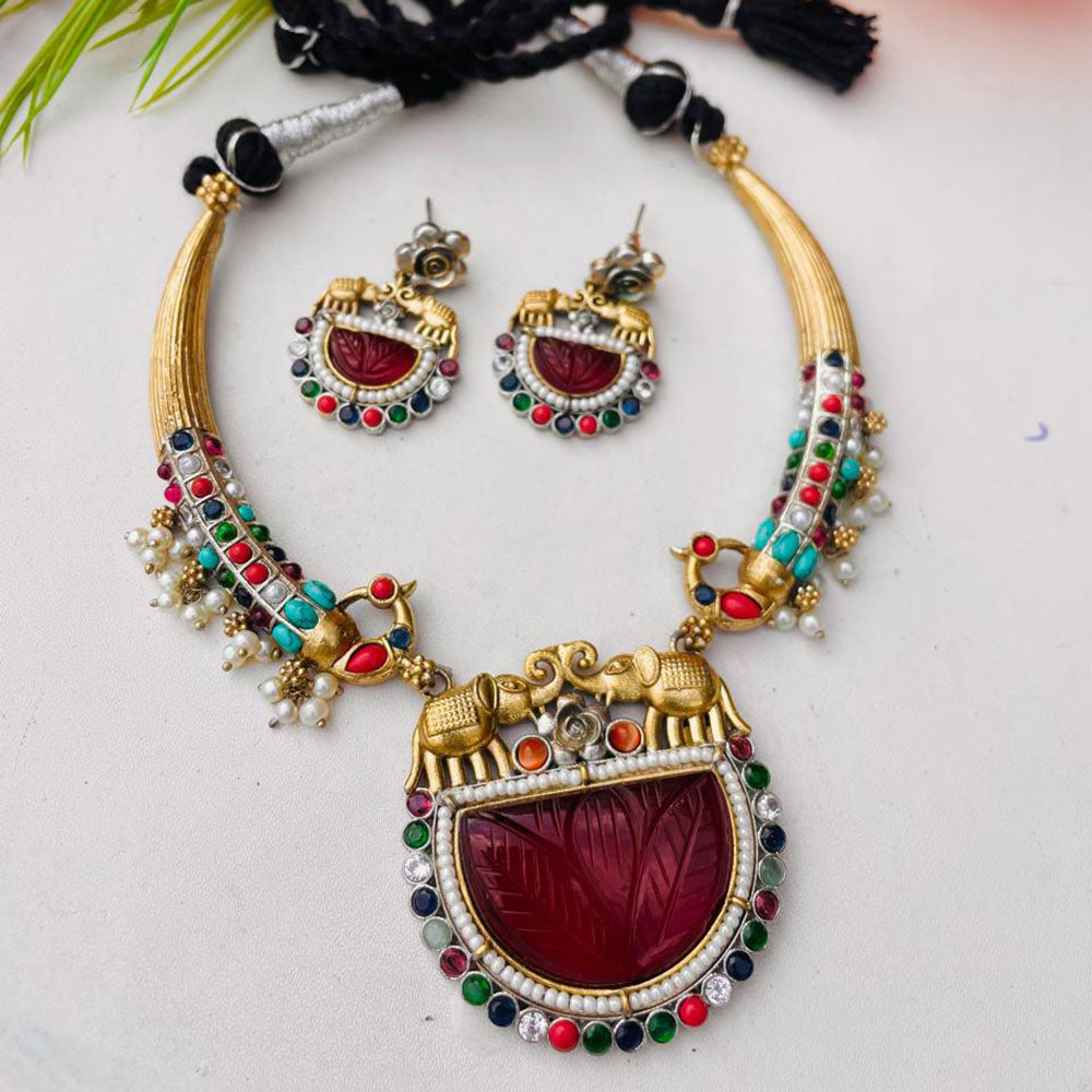 FS Collection 2 Tone Plated Pota Stone Necklace Set
