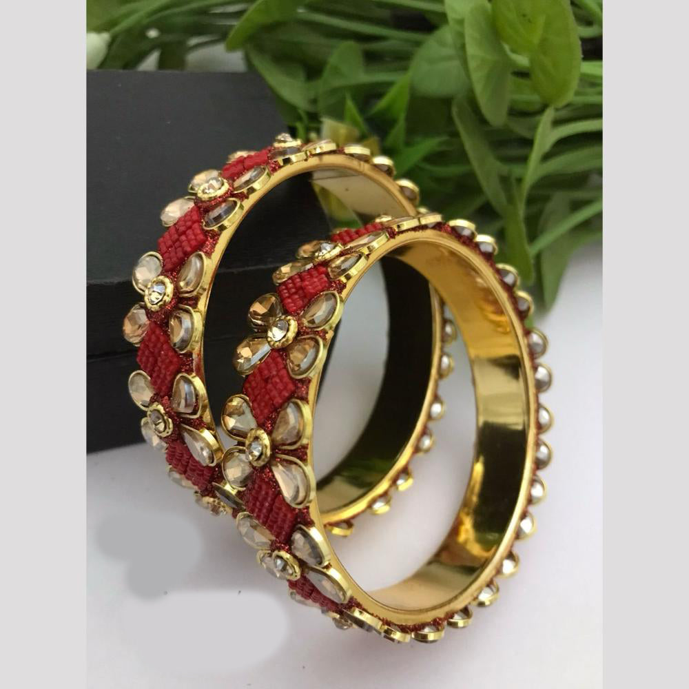FS Collection Gold Plated Crystal Stone And Pearls Bangle Set