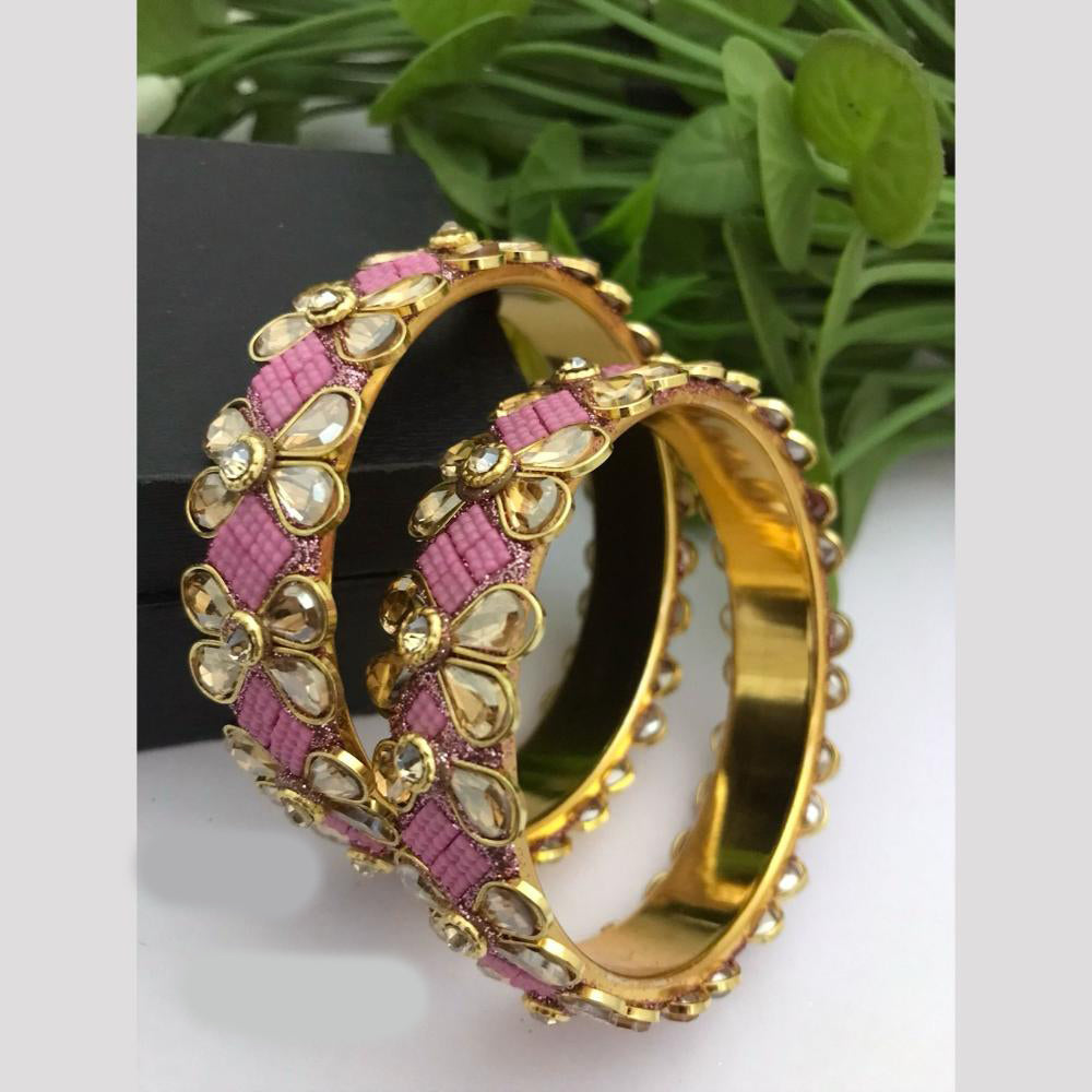 FS Collection Gold Plated Crystal Stone And Pearls Bangle Set