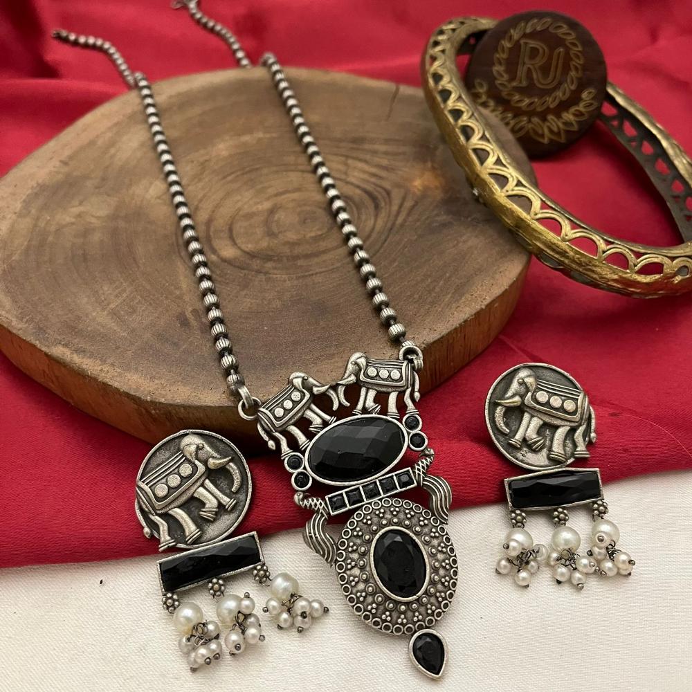 FS Collection Oxidised Plated Pota Stone And Pearls Long Necklace Set