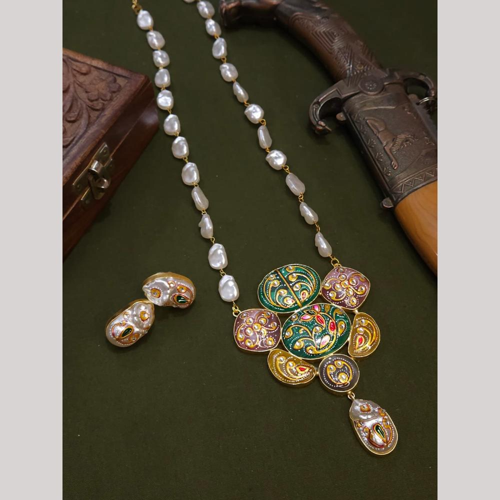 FS Collection Artistic Gold Plated Elegance Multi-Color Meenakari Long Necklace Set