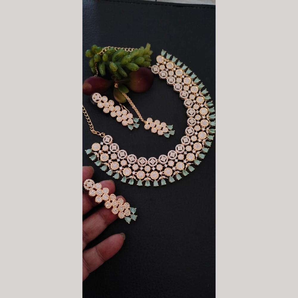 FS Collection Premium Rose Gold Plated Mint Green Color American Diamond Necklace Set