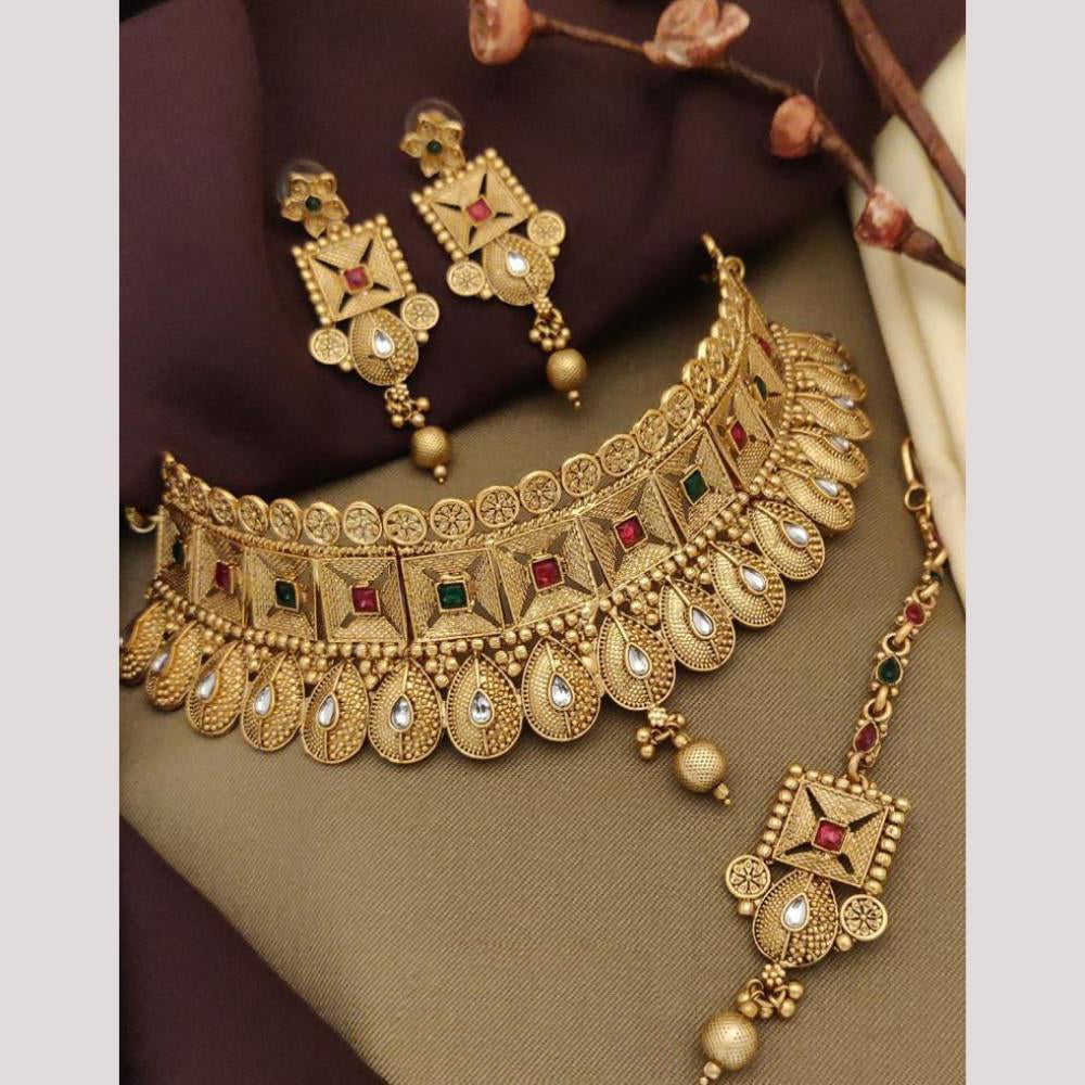 FS Collection Elegant Gold Plated Pota Stones Perfect for Weddings, Festivals Choker Necklace Set