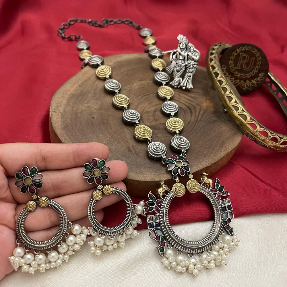 FS Collection 2-Tone Pota and Pearls Modern Fusion Jewelry Long Necklace Set