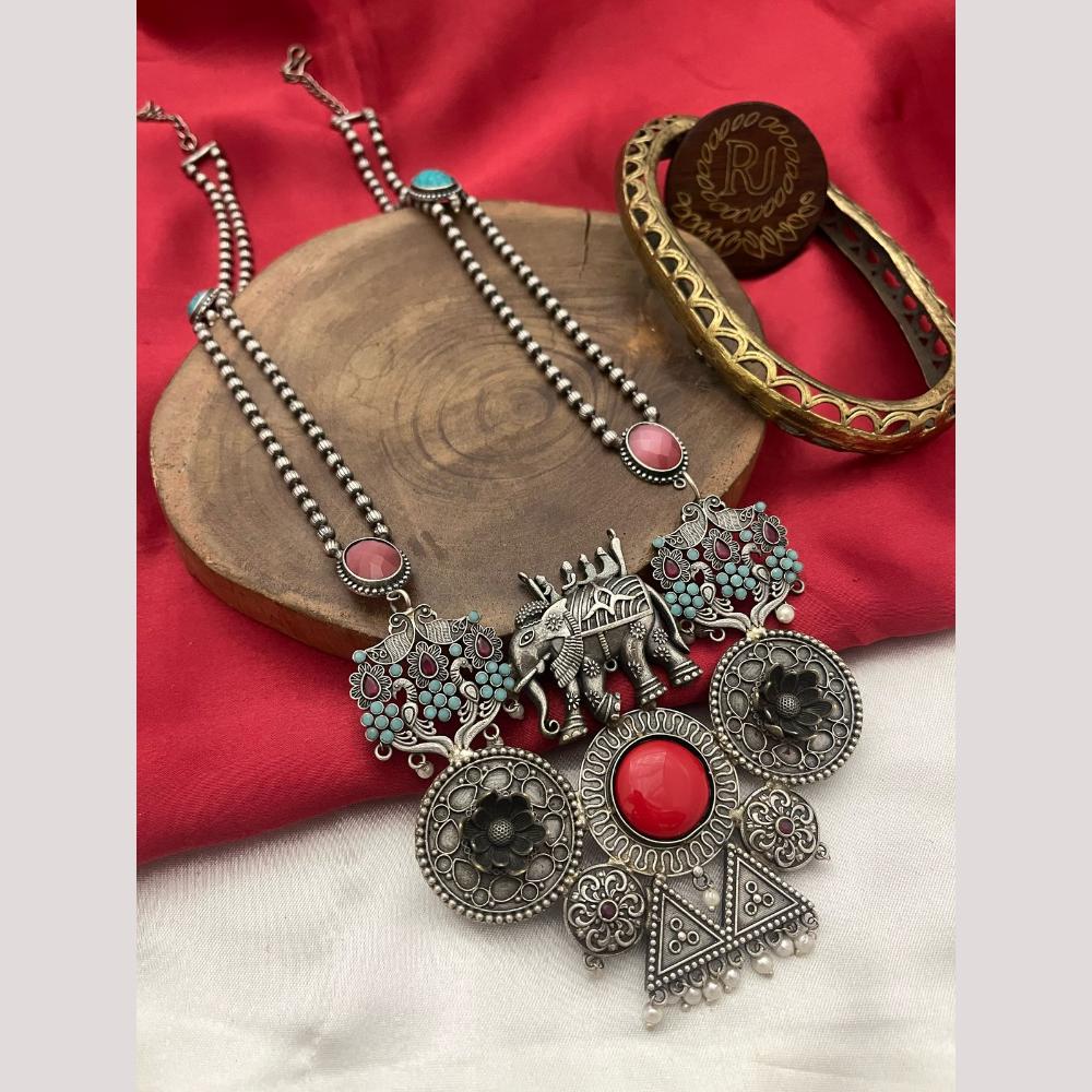 FS Collection Oxidised Plated Pota and Pearls Modern Fusion Jewelry Long Necklace Set