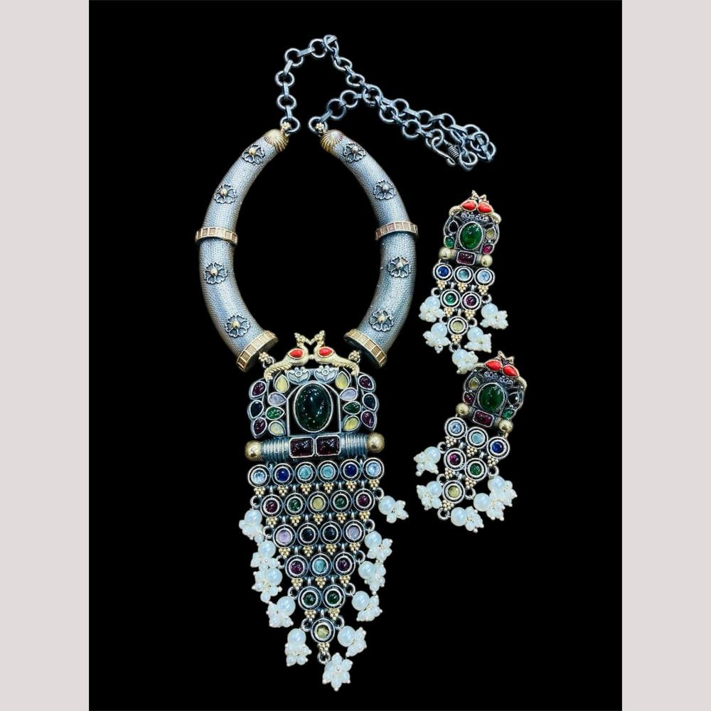 FS Collection 2 Tone Plated Pota and Pearls Modern Fusion Jewelry Necklace Set