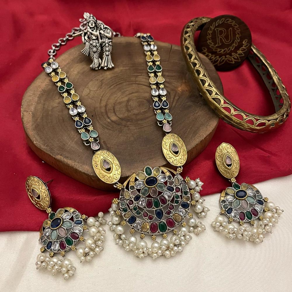 FS Collection 2Tone Plated Pota and Pearls Modern Fusion Jewelry Long Necklace Set