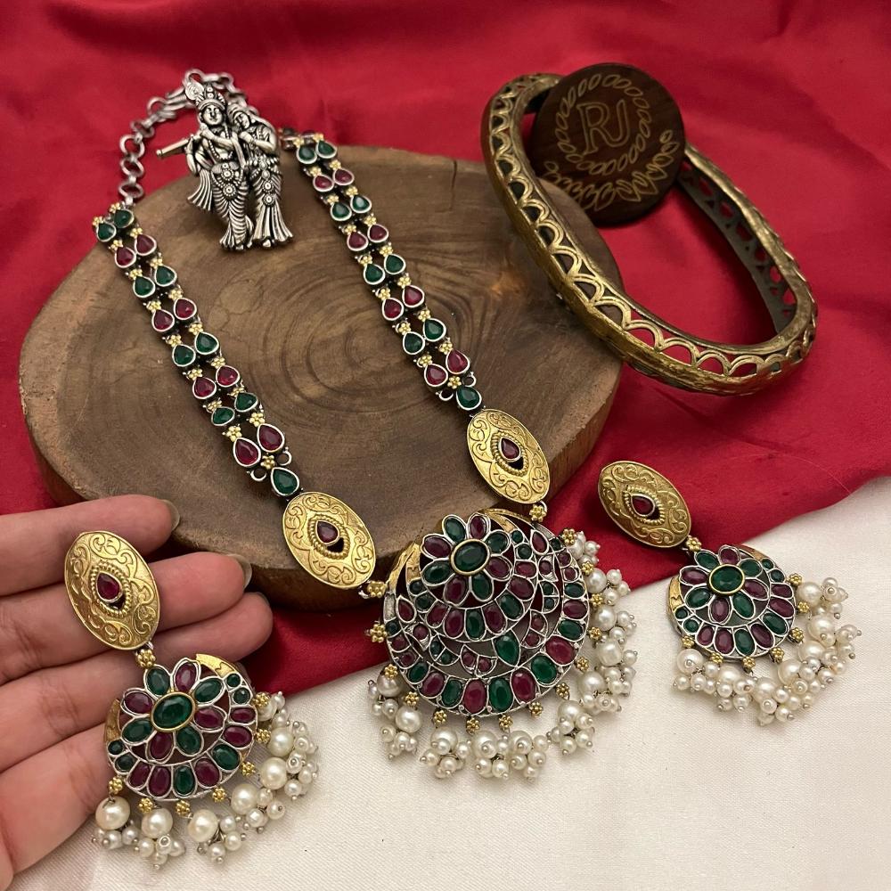 FS Collection 2Tone Plated Pota and Pearls Modern Fusion Jewelry Long Necklace Set
