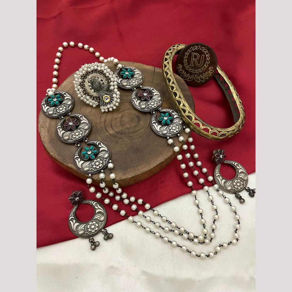 FS Collection Oxidised Plated Pota and Pearls Modern Fusion Jewelry Long Necklace Set