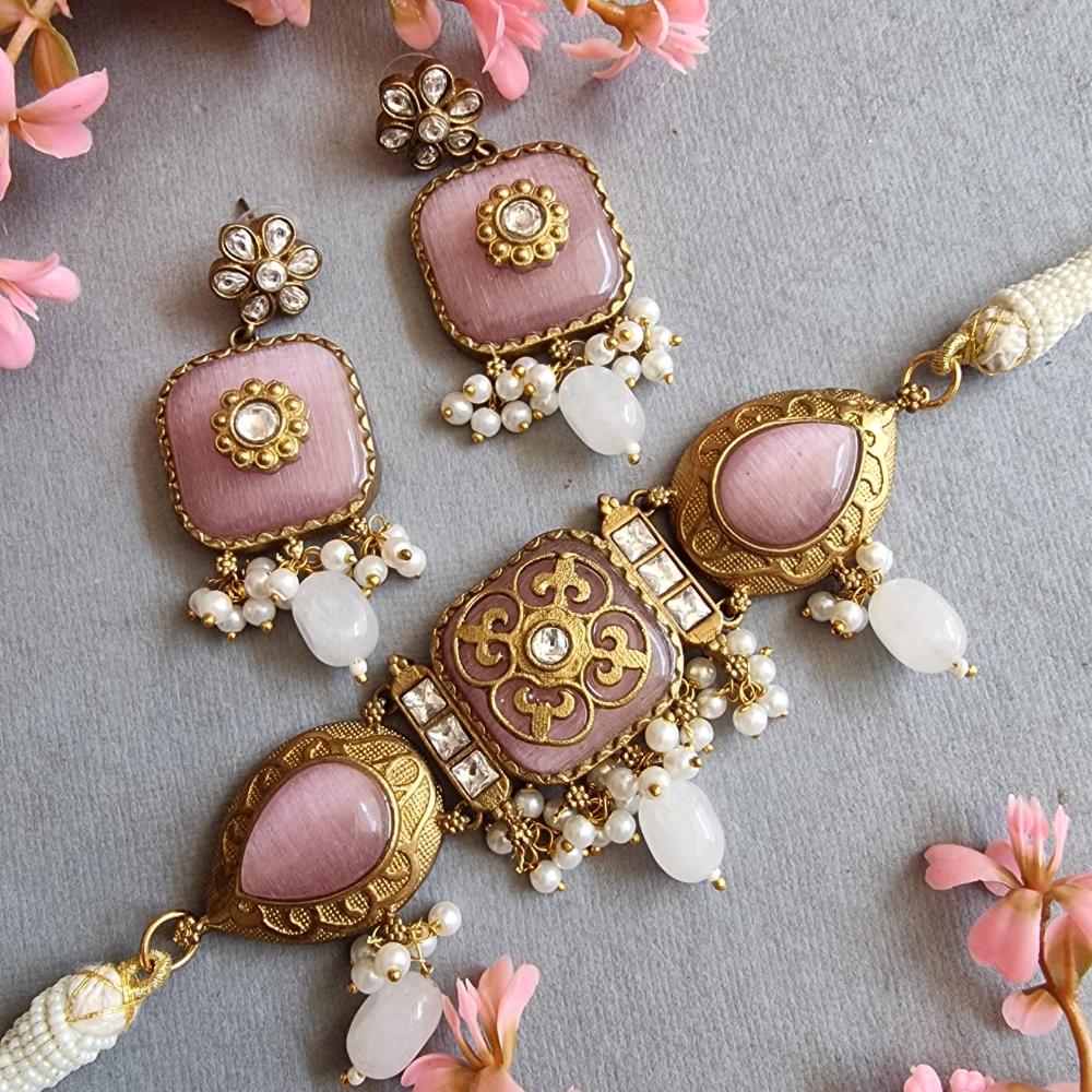 FS Collection Elegant Gold Plated Pota Stones Perfect for Weddings, Festivals Choker Necklace Set