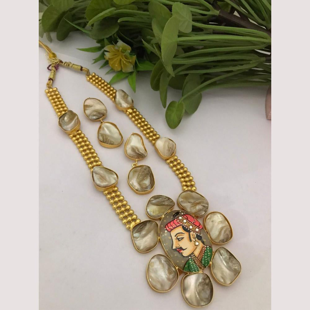 FS Collection Regal Gold Plated with Elegant Mother of Pearl Touch Long Necklace Set