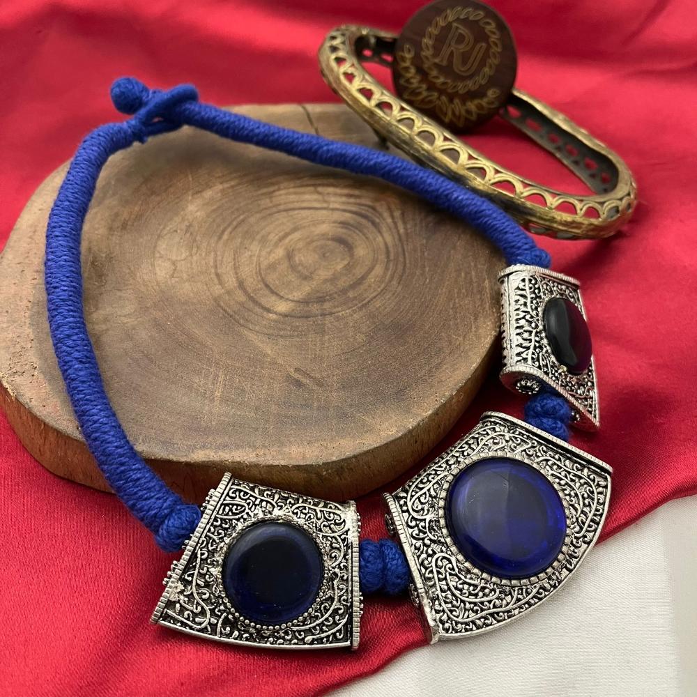 FS Collection Oxidised Plated Pota Stone Necklace Set
