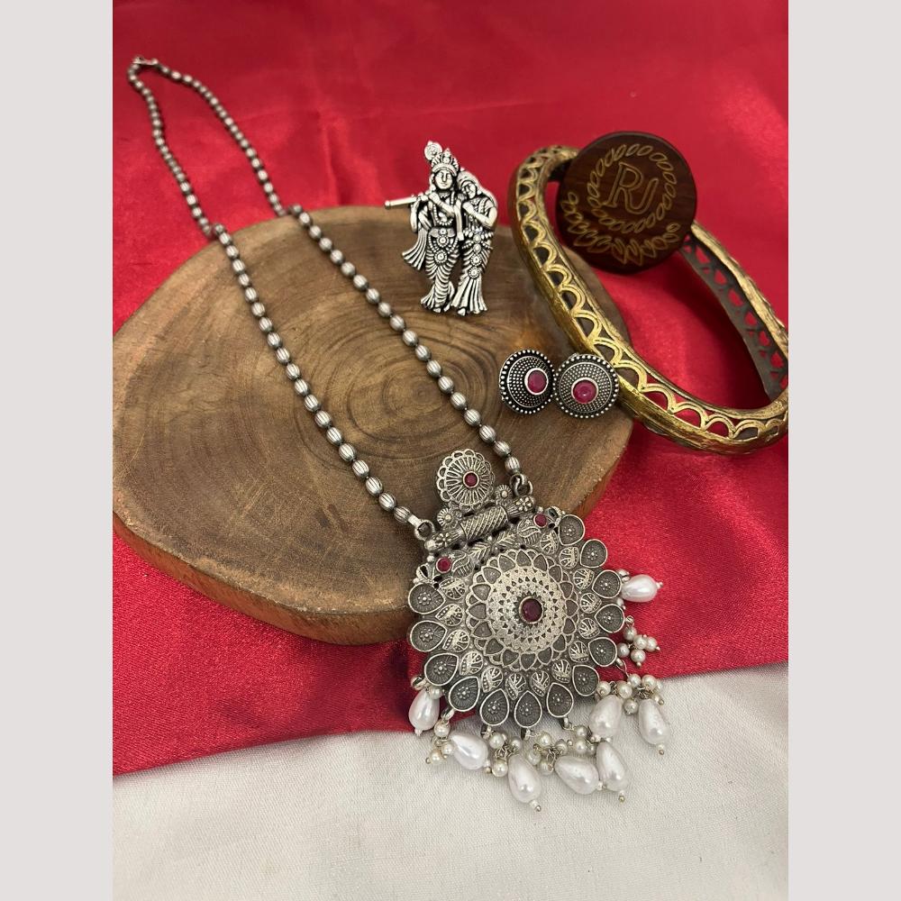FS Collection Oxidised Plated Pota and Pearls Modern Fusion Jewelry Long Necklace Set