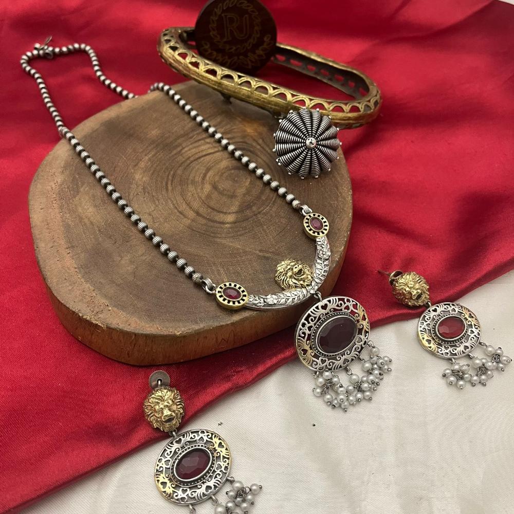 FS Collection Oxidised Plated Pota and Pearls Modern Fusion Jewelry Long Necklace Set