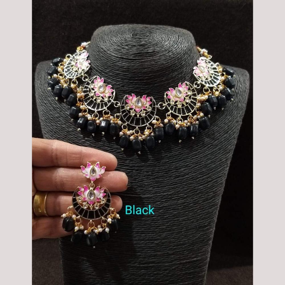 FS Collection Gold Plated Pota Stone And Pearls Choker Meenakari Necklace Set