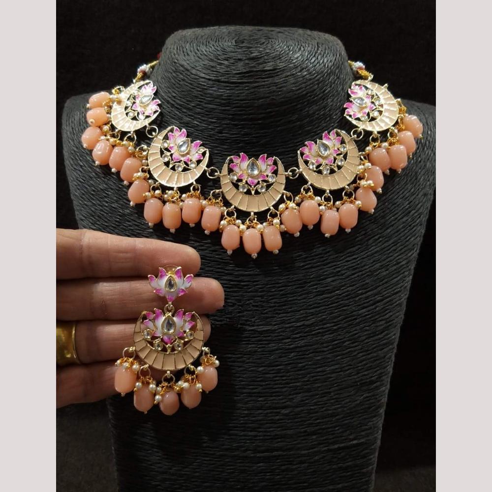 FS Collection Gold Plated Pota Stone And Pearls Choker Meenakari Necklace Set