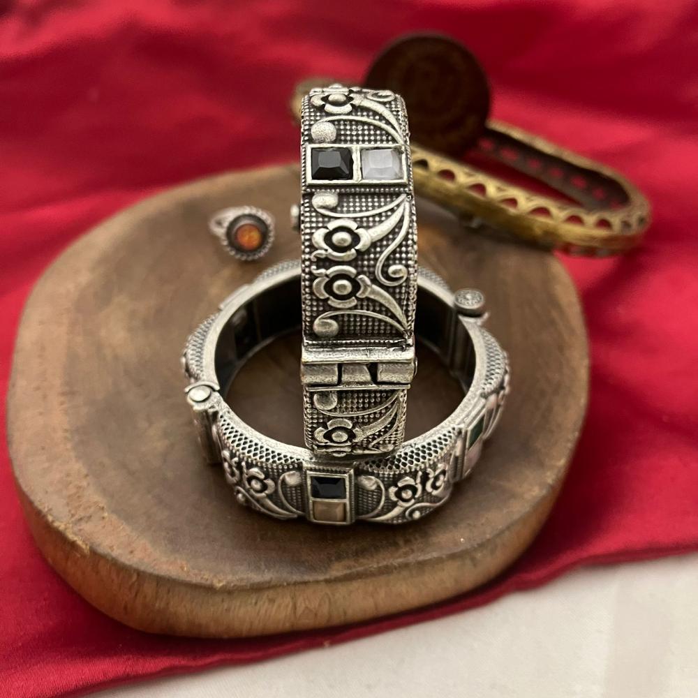 FS Collection Oxidised Plated Designer Tribal Bangle Set with Easy Fit Screw Lock