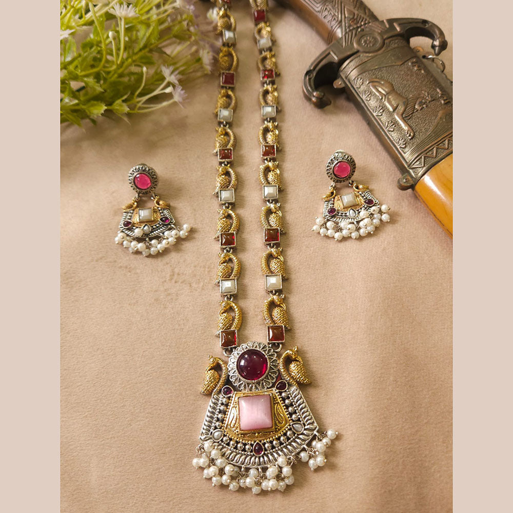 FS Collection Royal Monalisa Stone And Pearl Long Necklace Set For Weddings And Parties