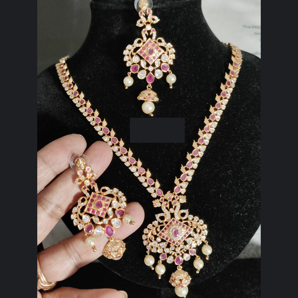 FS Collection Gold Plated Crystal Stone And Pearl Necklace Set For Special Occassions