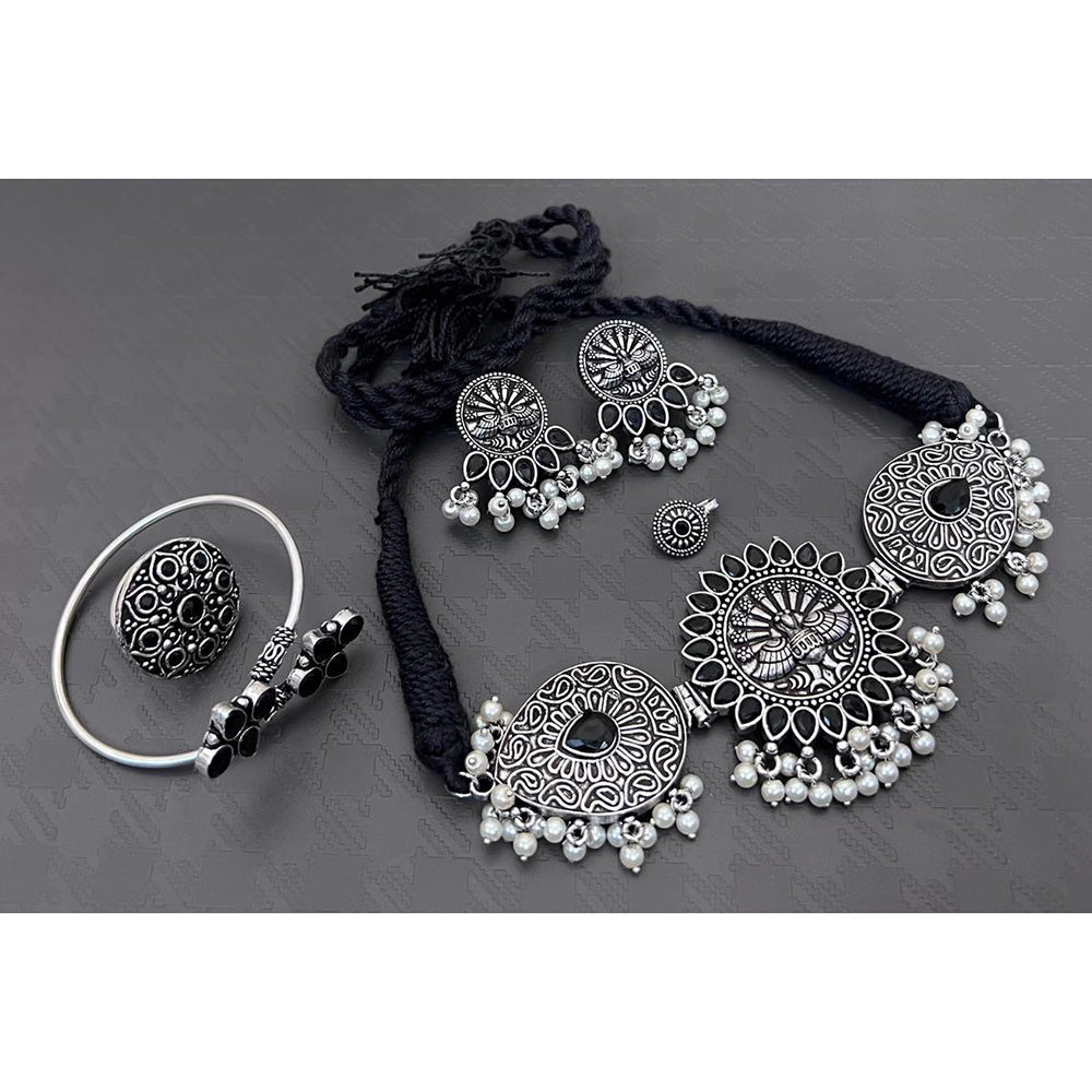 FS Collection Oxidised Plated Gleam Drop Pota And Pearl Necklace Set