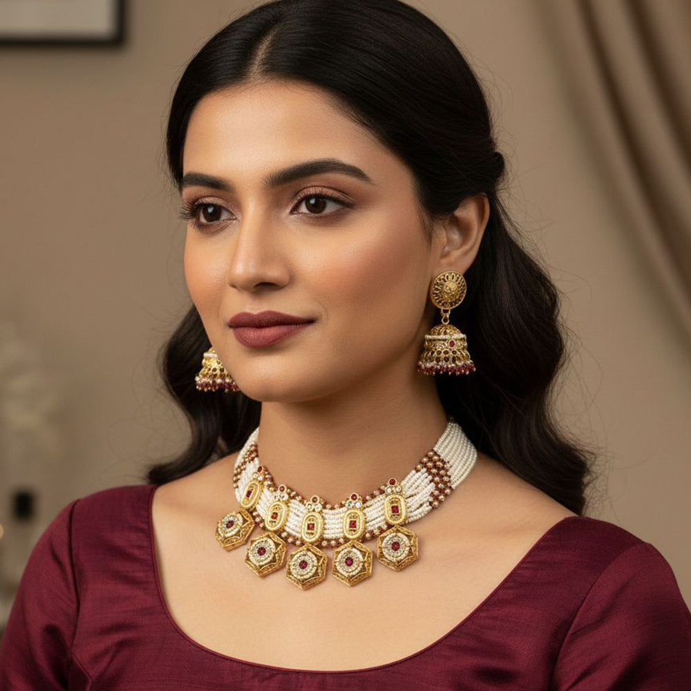 FS Collection Heritage Pota Stone And Pearl Choker Necklace Set