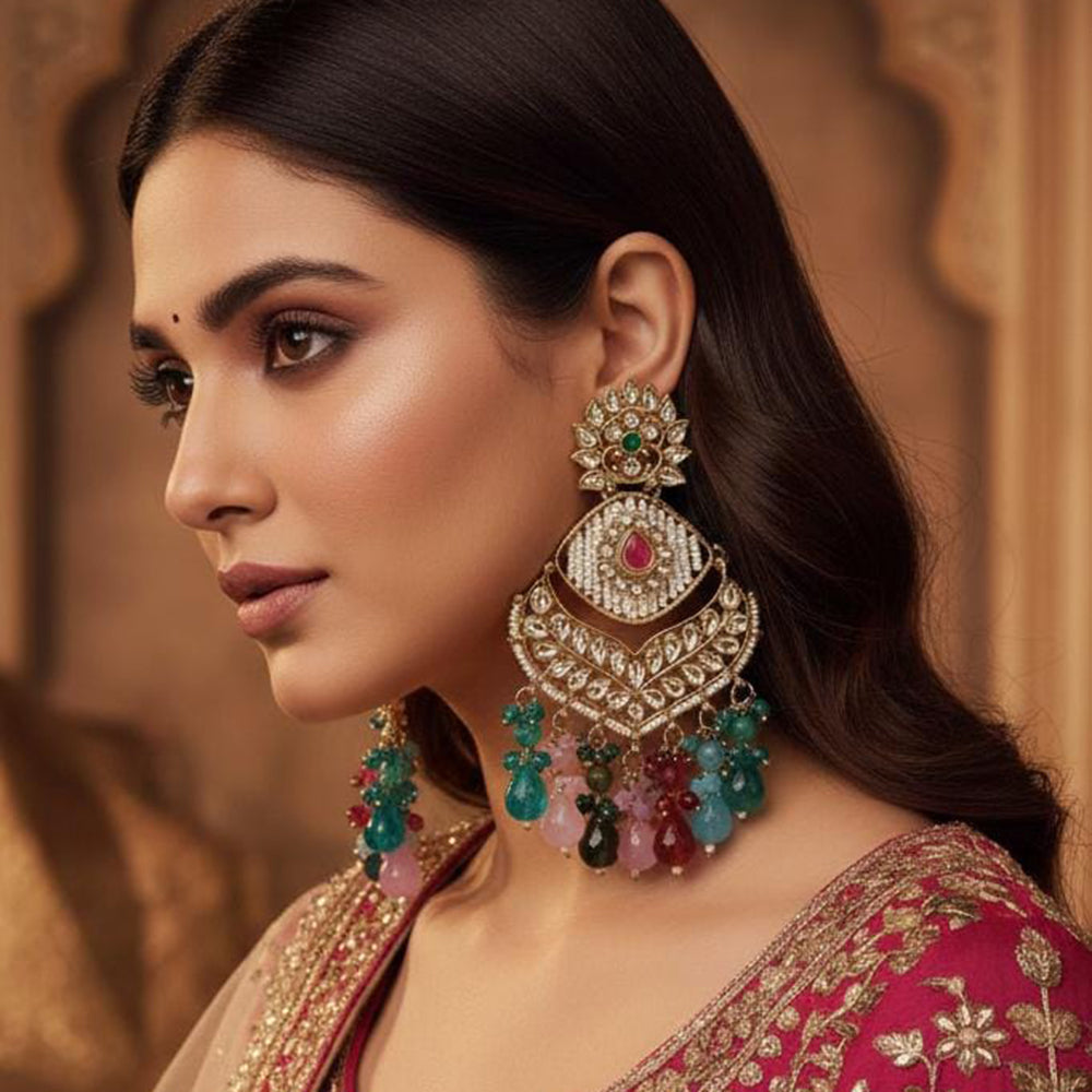 FS Collection Kundan Stone And Beads Designer Dangler Earrings