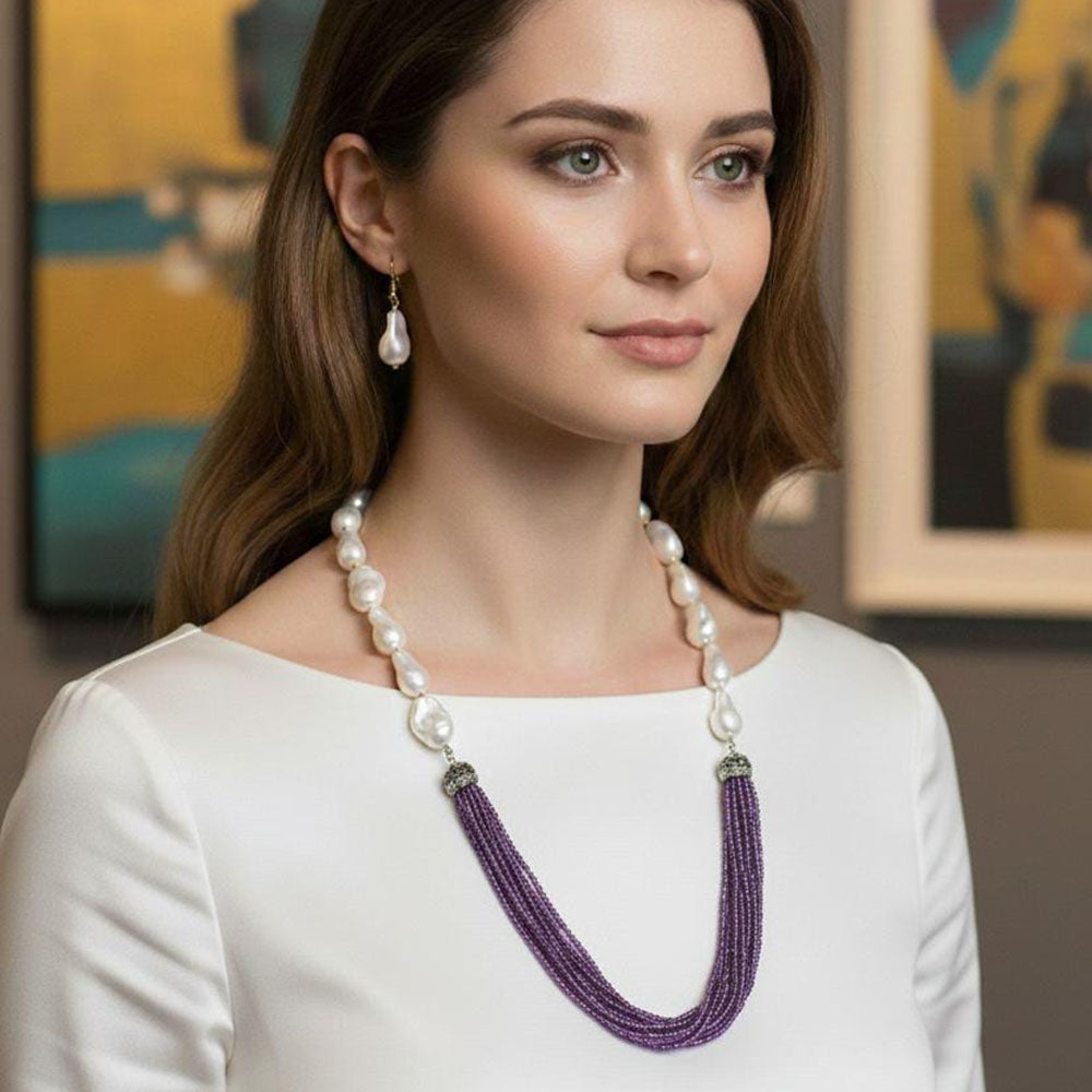 FS Collection Classic Austrian Stone And Pearl Ethnic Long Necklace Set