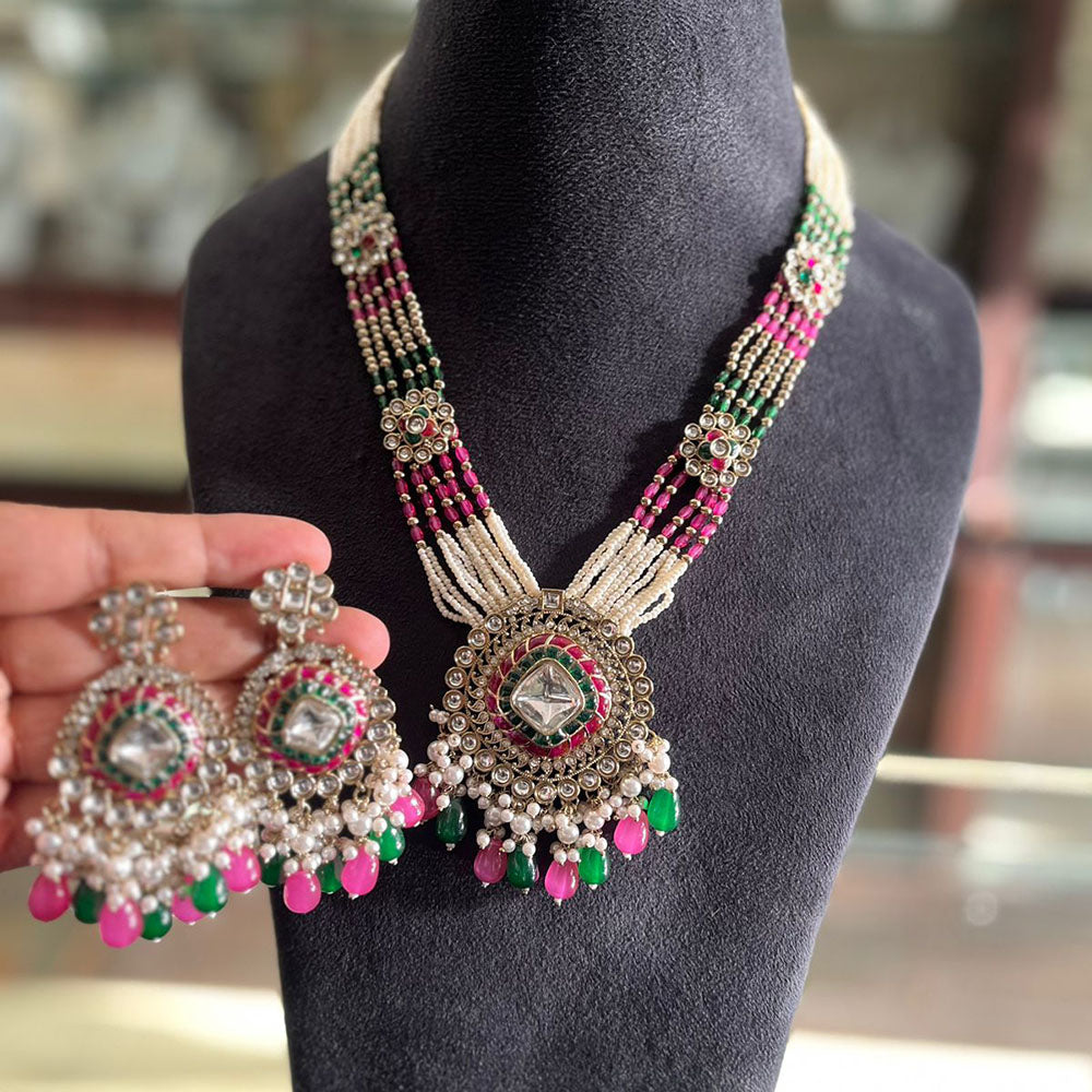 FS Collection Ethnic Kundan Pearl And Beads Statement Necklace Set