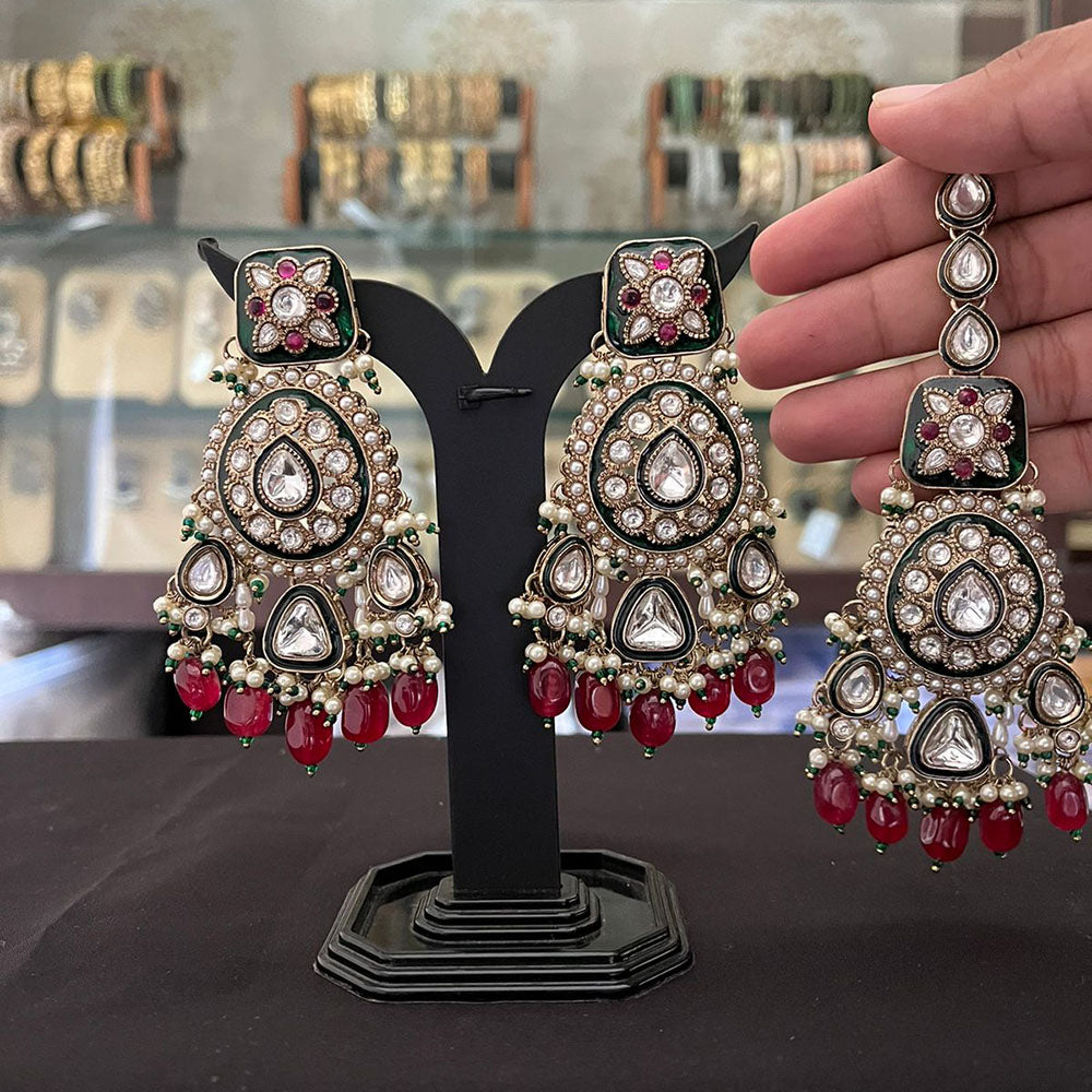 FS Collection Pota Stone And Beads Designer Dangler Earrings With Maangtikka