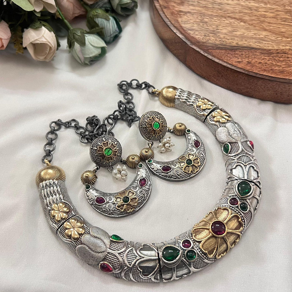 FS Collection 2 Tone Plated Pota Stone And Pearl Necklace Set