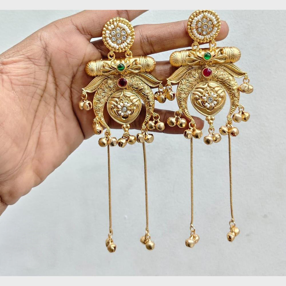 FS Collection Antique Style Pota Stone And Pearl Ghungroo Kashmiri Dangler Earrings