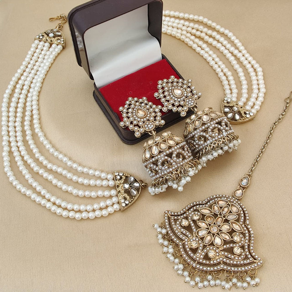 FS Collection Crystal Stone & Beads Jhumki Earrings with Maang Tikka Set