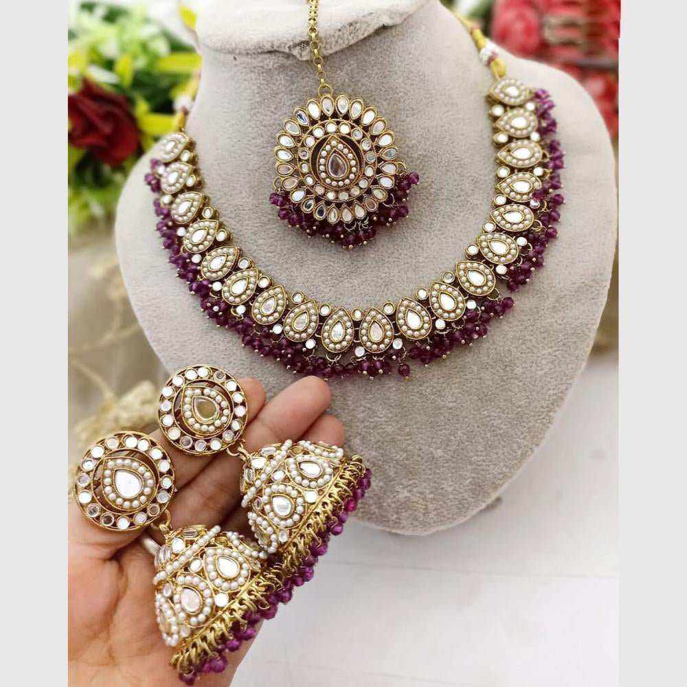 FS Collection Gold Plated Pearl & Mirror Choker Necklace Set