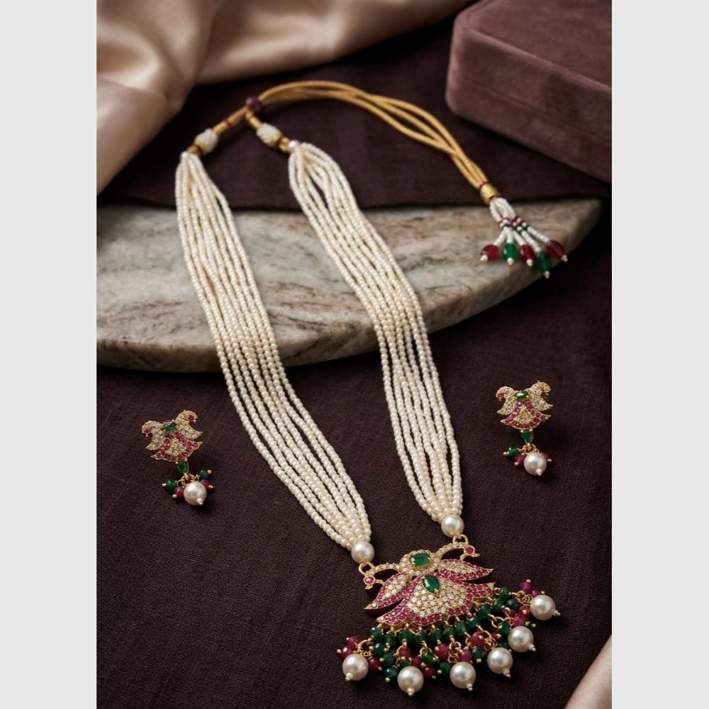 FS Collection Gold Plated Austrian Stone & Pearl Long Necklace Set