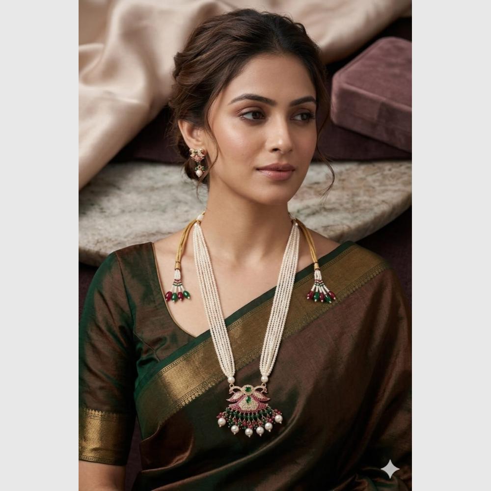 FS Collection Gold Plated Austrian Stone & Pearl Long Necklace Set