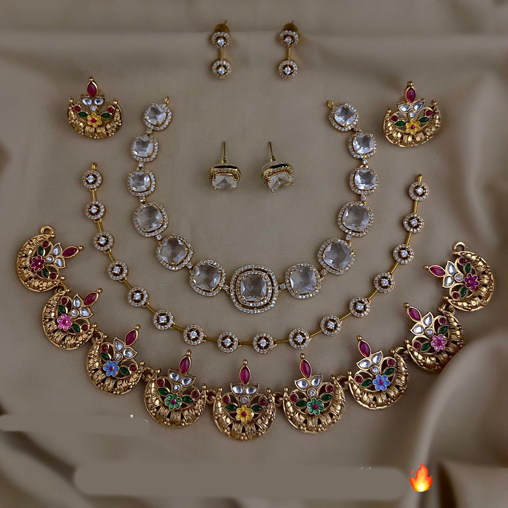 FS Collection Gold Plated American Daimond Combo Necklace Set
