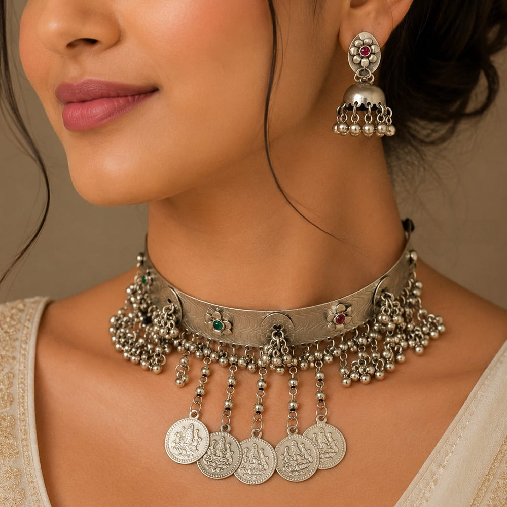 FS Collection Royal Oxidised Plated Pota Stone Necklace Set