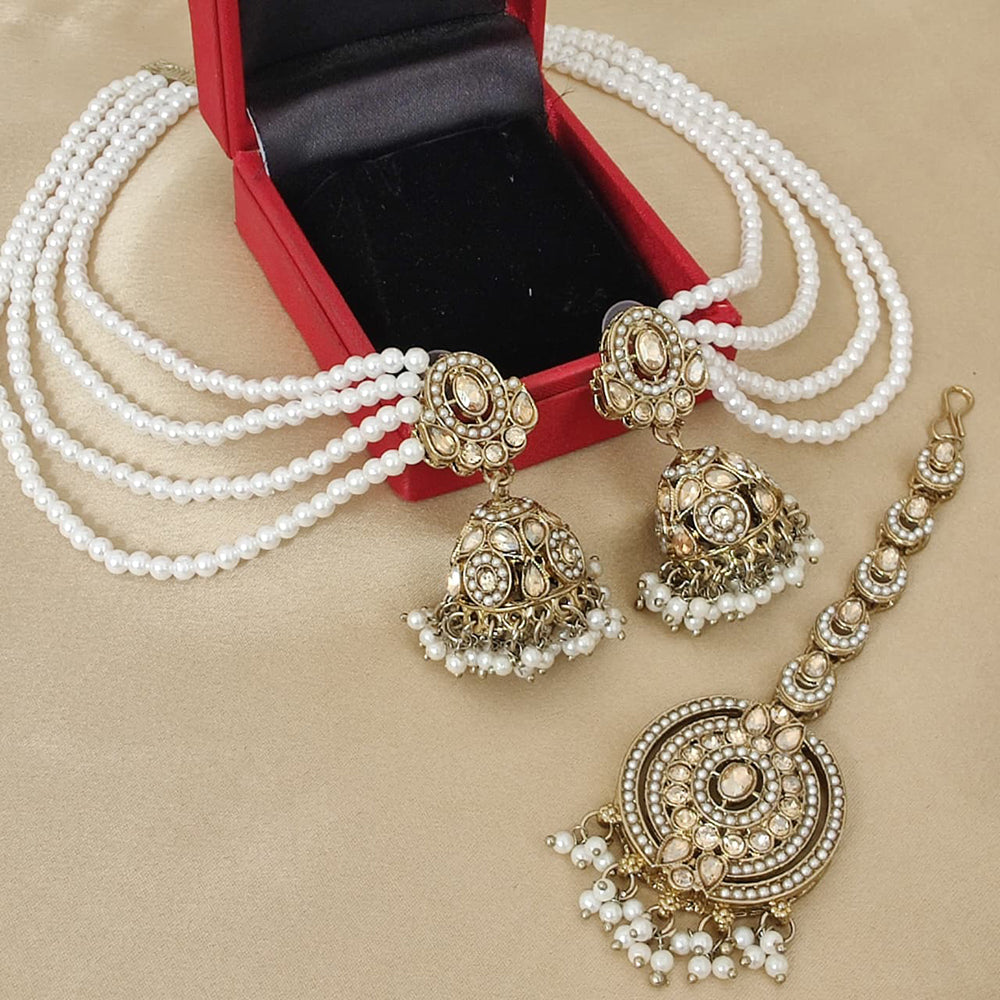 FS Collection Crystal Stone And Pearl Designer Jhumki Earrings With kanChain & Maang Tikka