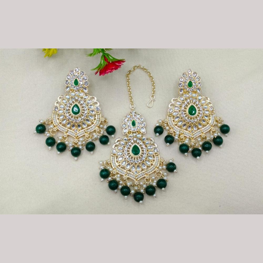 FS Collection Kundan Stone And Beads Dangler Earrings With Maangtikka
