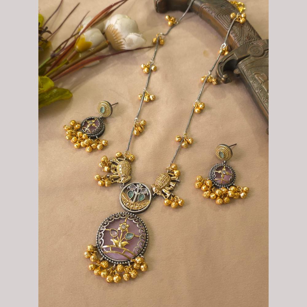 FS Collection Ethnic 2 Tone Plated Pota Stone And Ghungroo Long Necklace Set