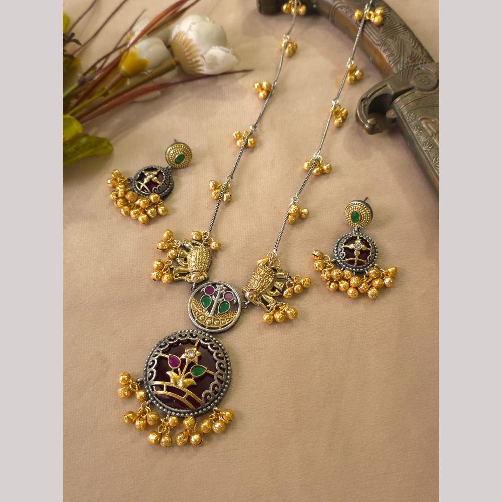 FS Collection Ethnic 2 Tone Plated Pota Stone And Ghungroo Long Necklace Set