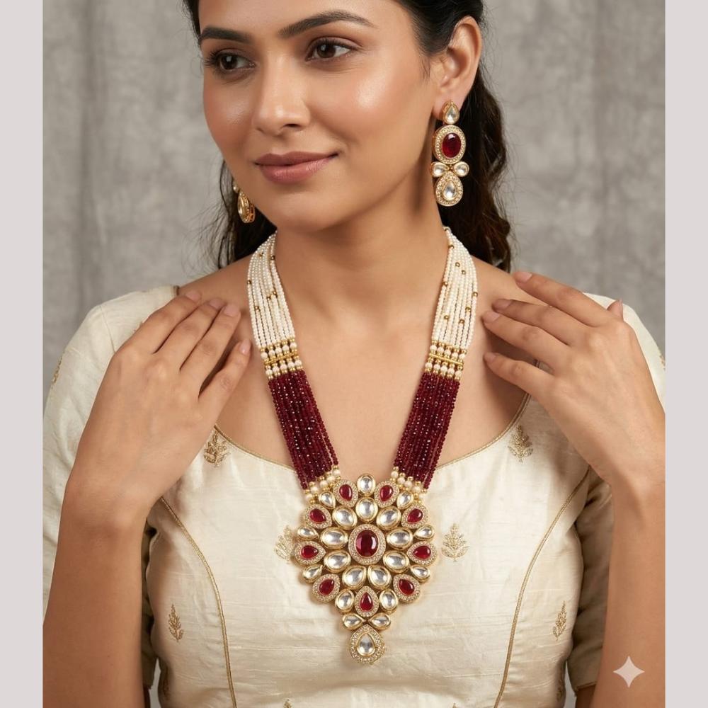 FS Collection Elegant Kundan Stone And Pearl Long Necklace Set