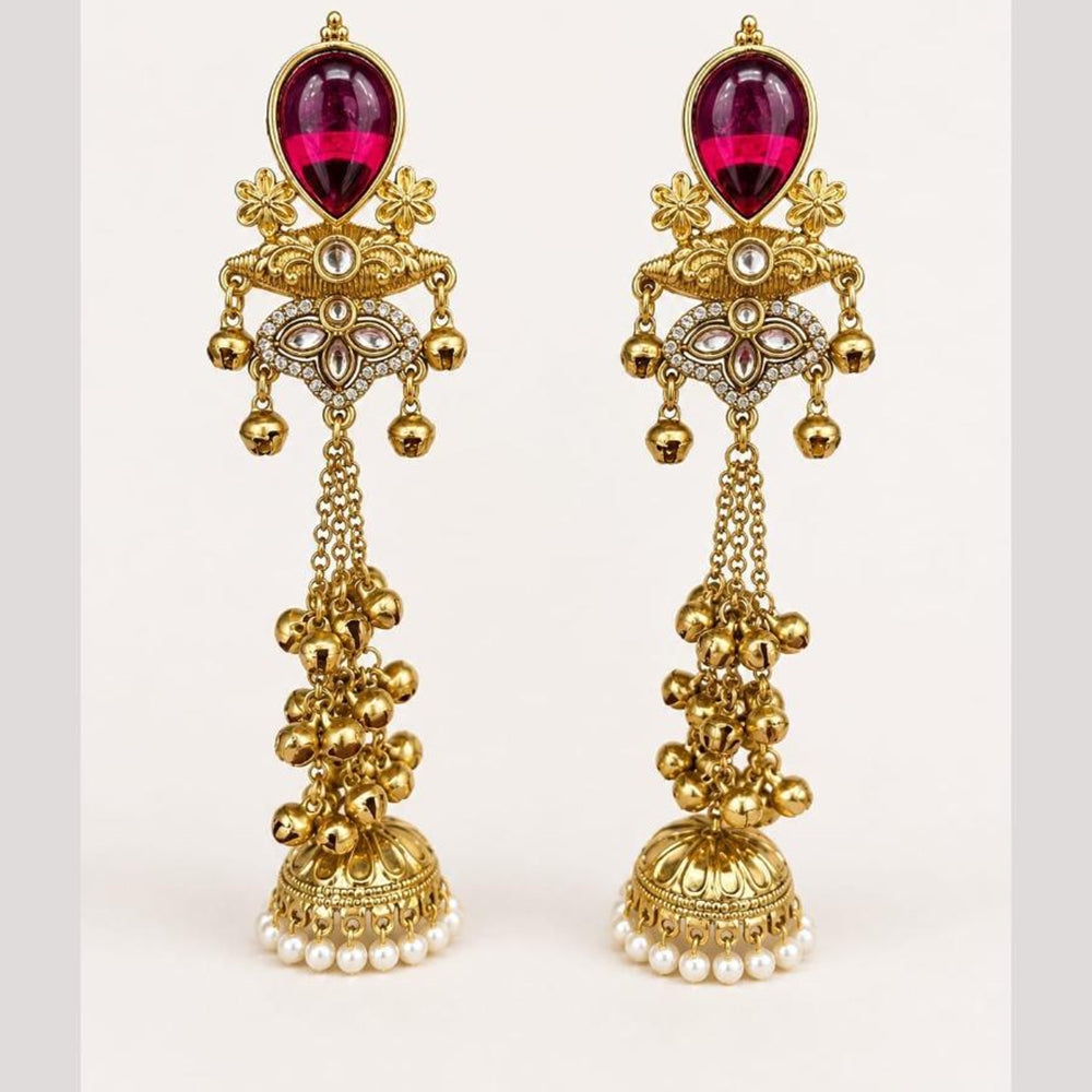 FS Collection Antique Style Pota Stone And Pearl Ghungroo Kashmiri Jhumki Earrings