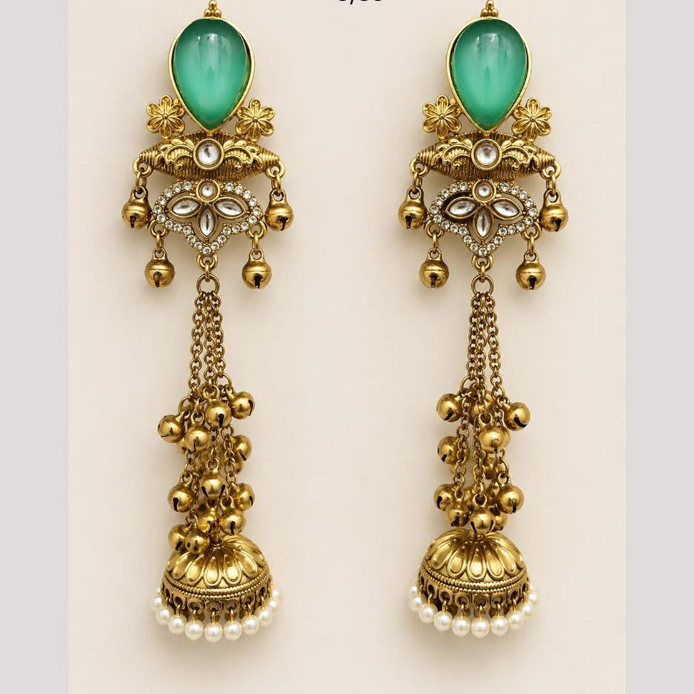 FS Collection Antique Style Pota Stone And Pearl Ghungroo Kashmiri Jhumki Earrings