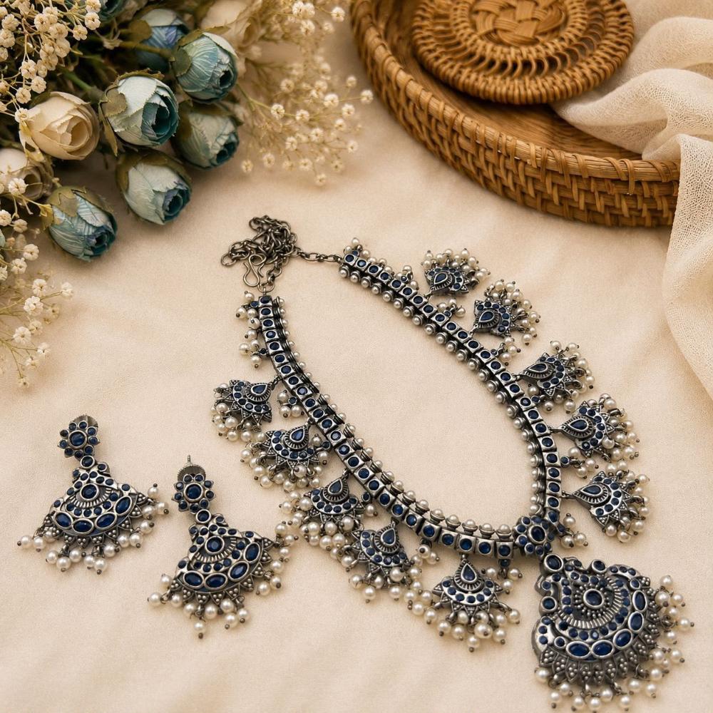 FS Collection Vintage Oxidised Plated Pota Stone Necklace Set for Women & Girls