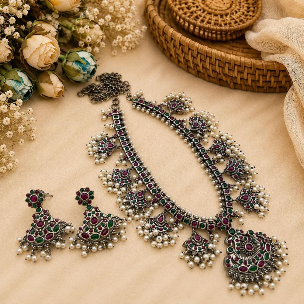 FS Collection Vintage Oxidised Plated Pota Stone Necklace Set for Women & Girls